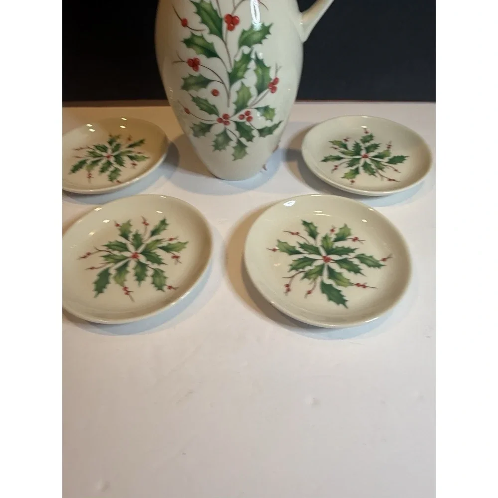 Lenox Holiday Oil Bottle Gift Set NIB Holly Cruet 4 Dipping Dishes Christmas